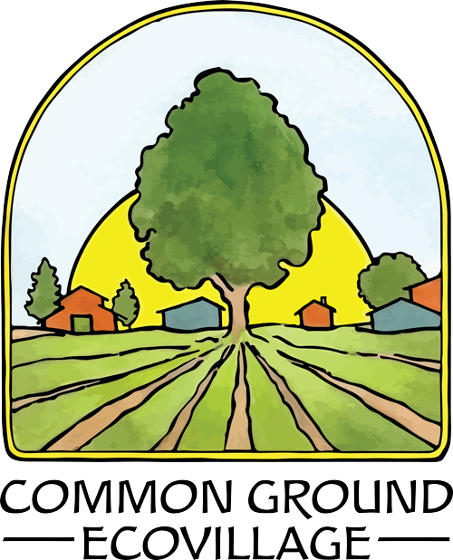 The Common Ground Ecovillage logo, where the sun sits in the background behind a number of homes and a large oak tree, with furrows in the foreground.